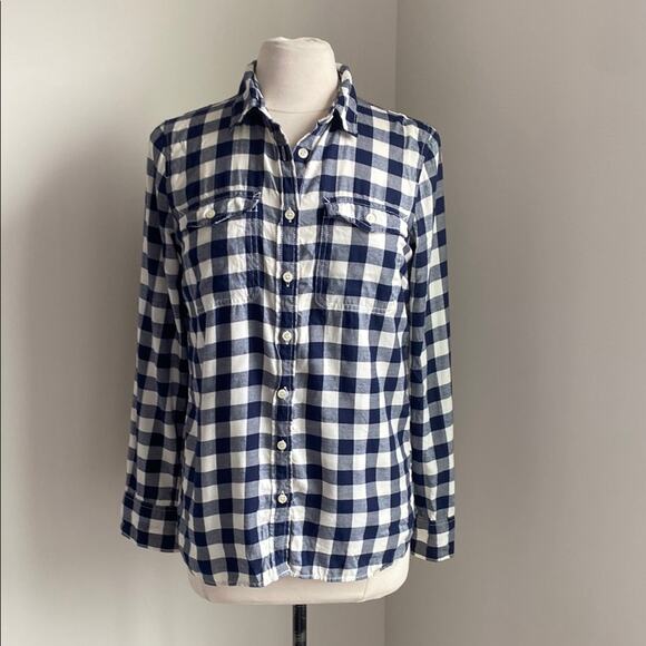 J. CREW Gingham Button Shirt Womens Sz Small Navy Gingham Perfect Fit - Picture 1 of 6